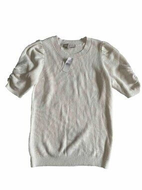 NWT Loft Medium Puff Sleeves Fine Knit Sweater Top Cream White Lightweight